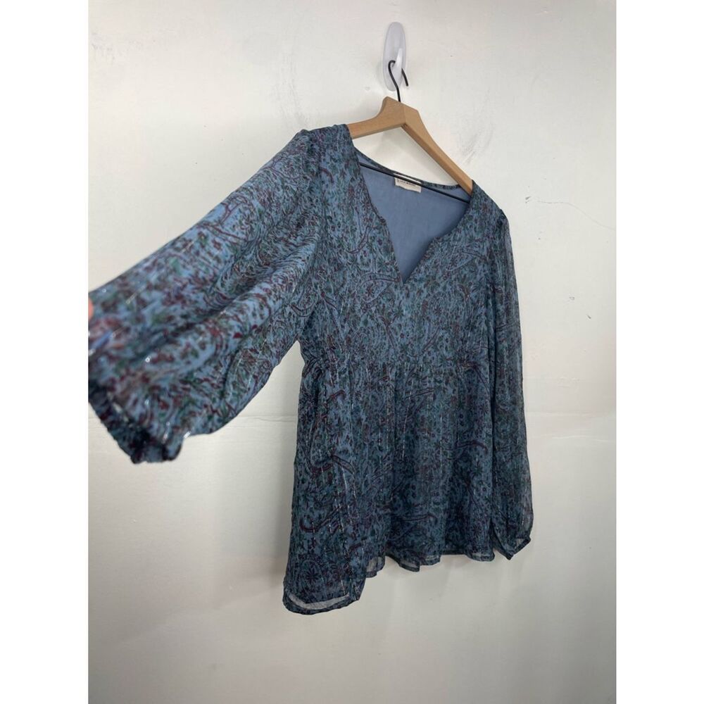 Lucky Brand Teal Blue Paisley V-Neck Long Sleeve Blouse peasant boho size Large - Picture 3 of 16